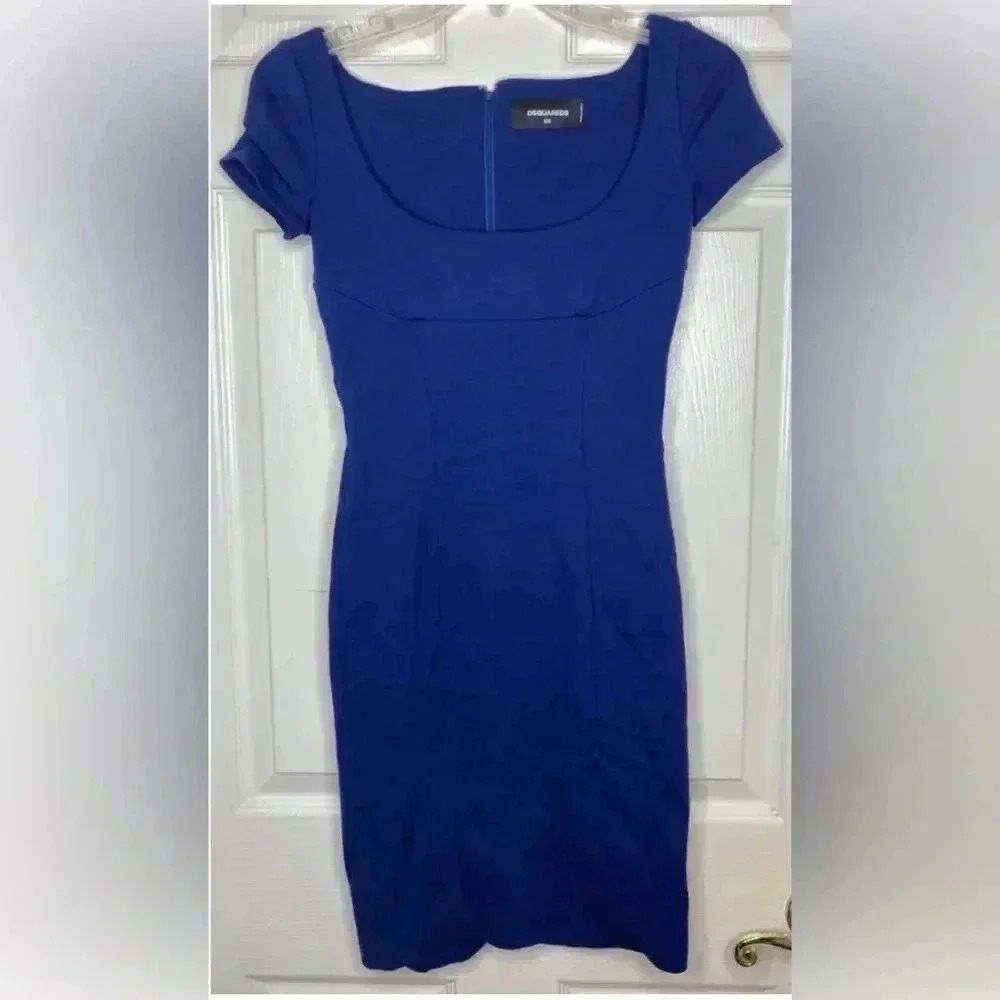 Woman DSQUARED2 blue Scoop Neck Cap Sleeves Bodycon Stretch Dress Sz XS EUC
